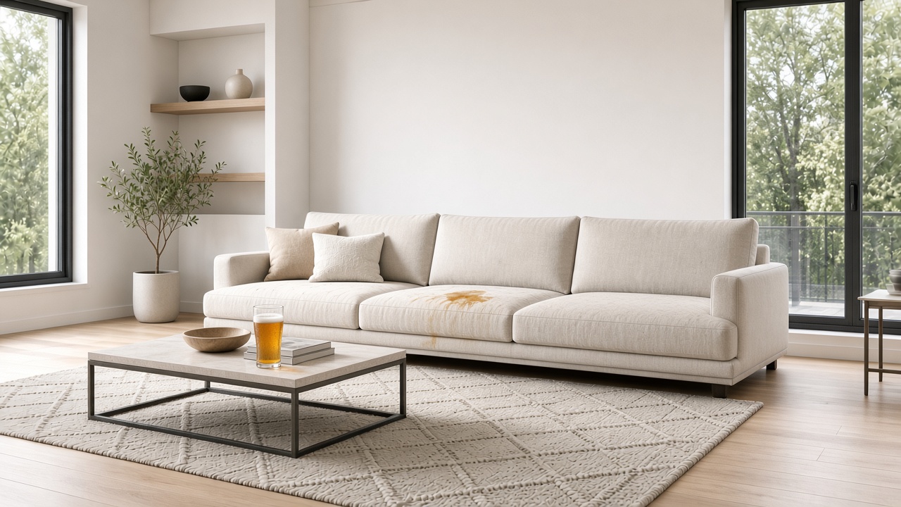 Beer spill on a modern sofa after a brewery day in a bright living room