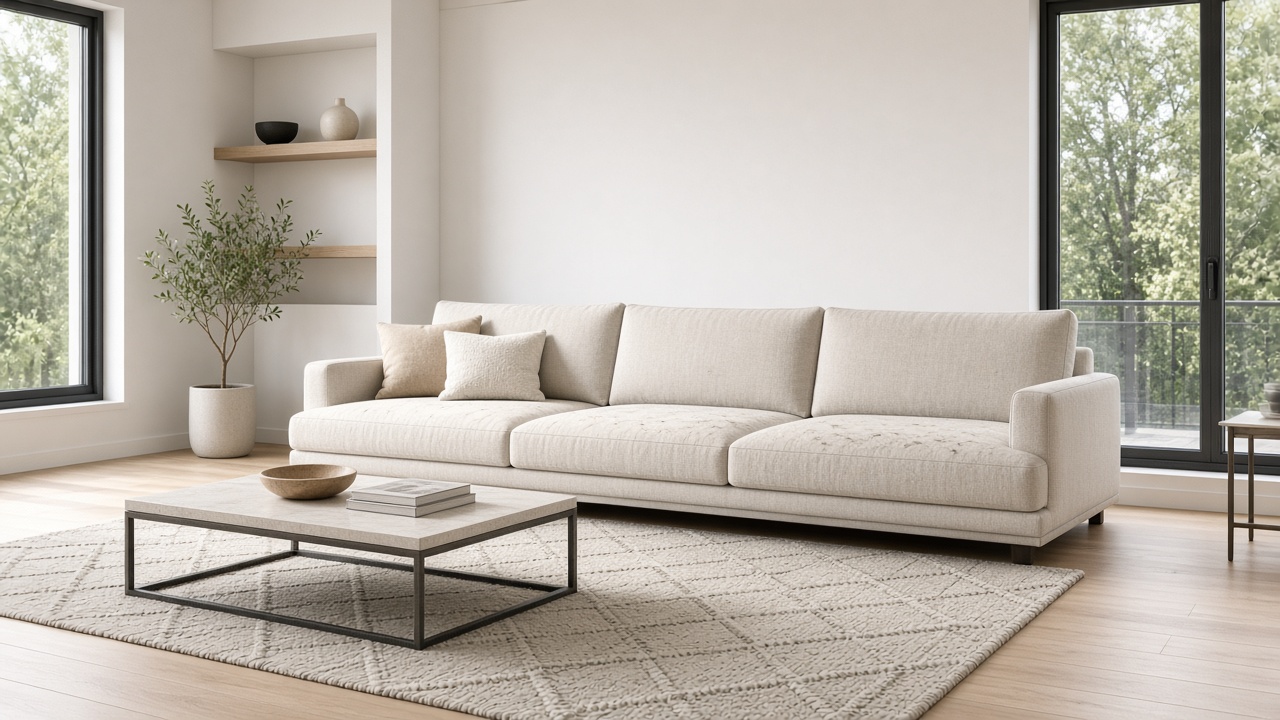 Modern cream sofa and geometric rug in a bright living room
