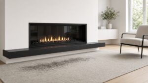 Modern fireplace with soot on an area rug in a bright living room