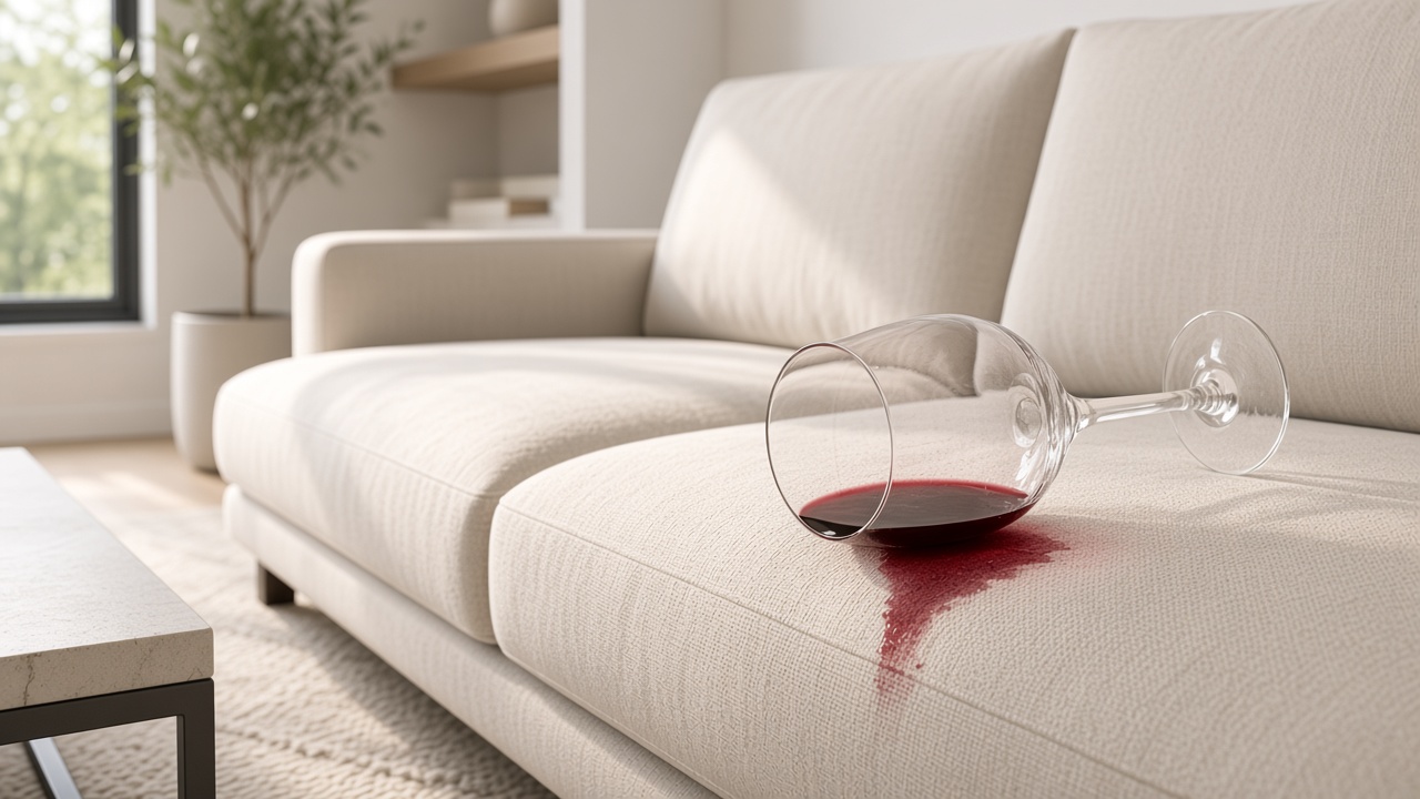Close-up of a tipped wine glass spilling red wine on an antique sofa
